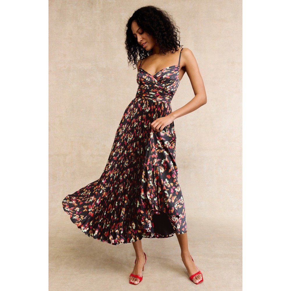 Floral Black Midi Dress with Pleated Skirt